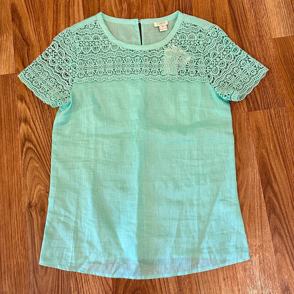 J. Crew Green Short Sleeve Blouse with Lace Overlay